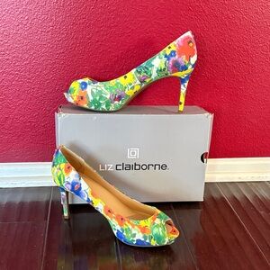 Liz Claiborne Floral Peep-Toe Heels in Yellow, Green, Blue and Pink